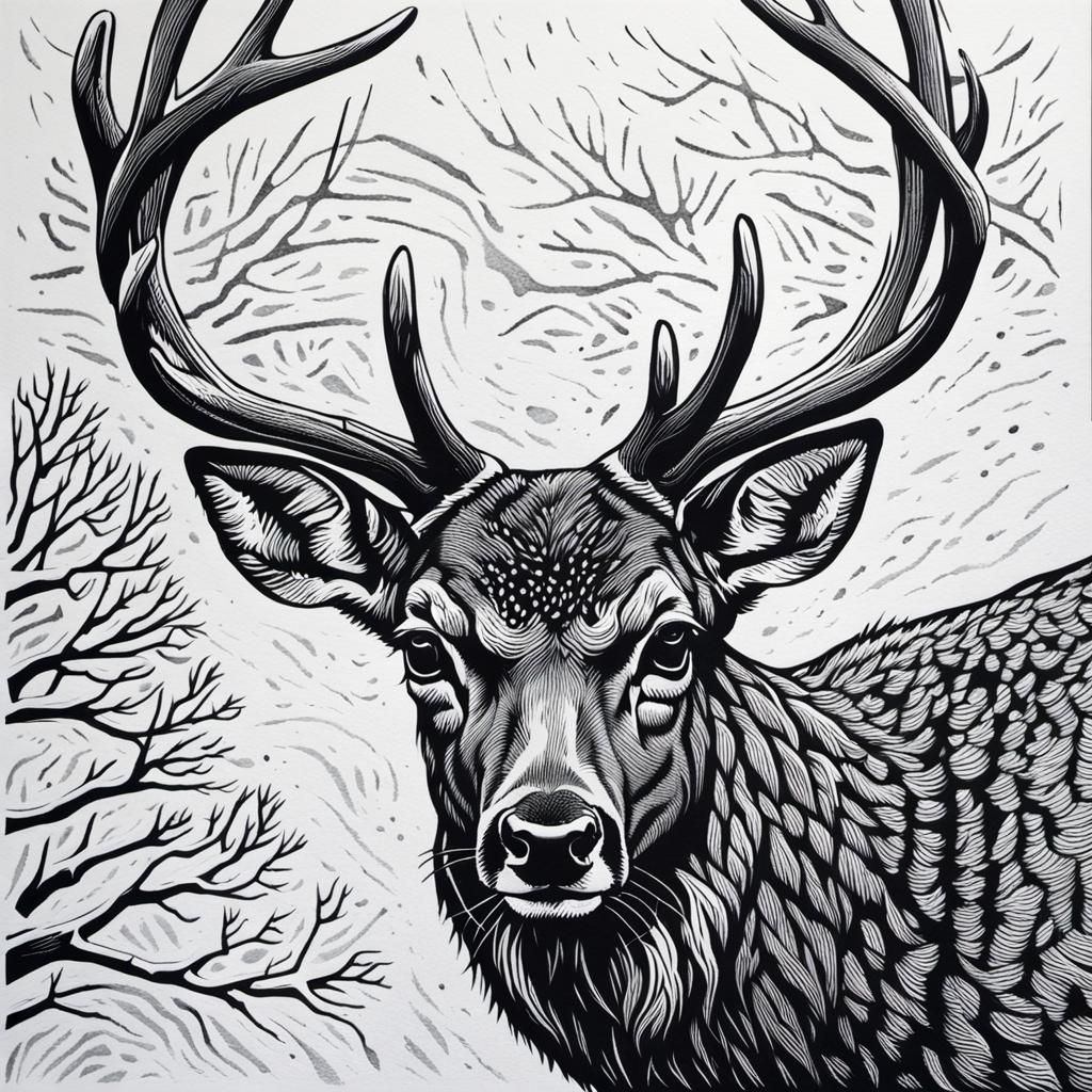 Stag in Winter: Detailed Charcoal Linocut