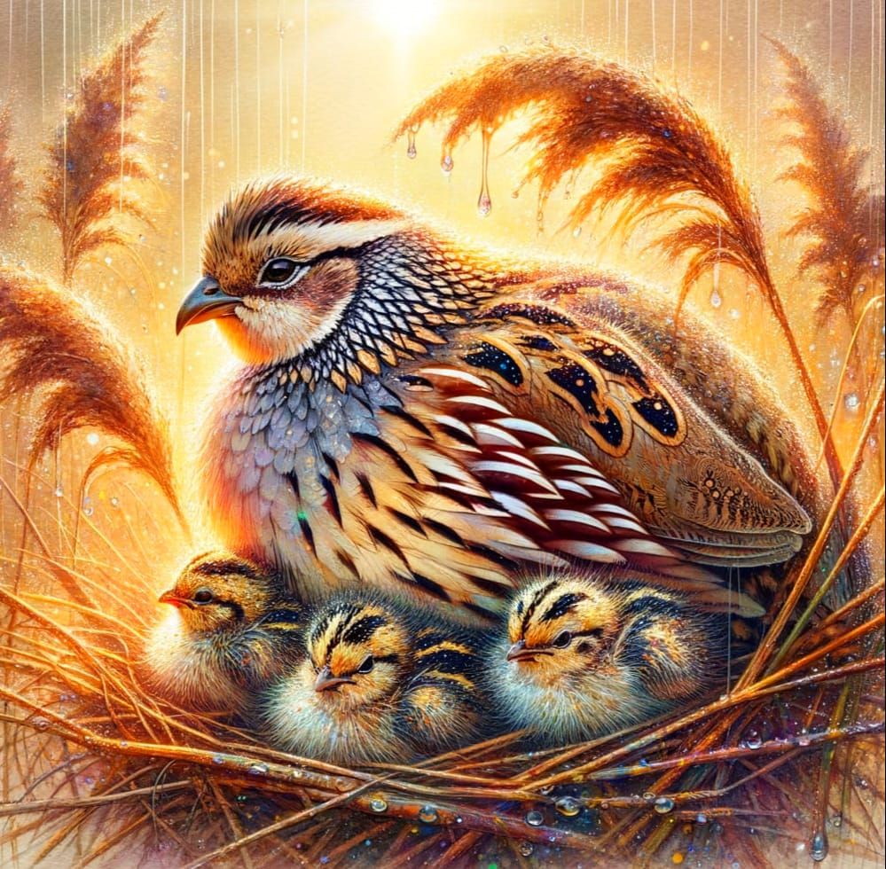 Watercolor Quail Family in Golden Sunlight