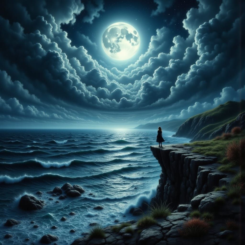 Solitary Figure Overlooking Stormy Sea at Night