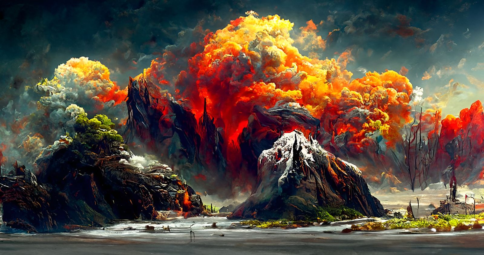 Volcanic Eruption in Hyperrealistic Landscape Painting