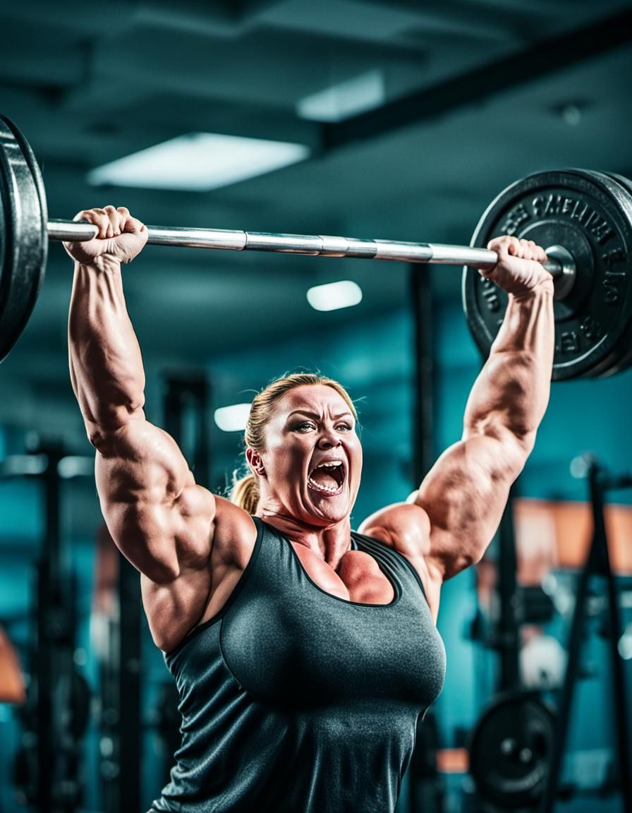 Powerful Plus Size Russian Bodybuilder Lifting Weights with...