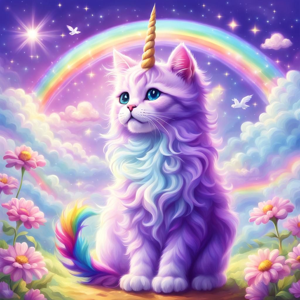 Cute Rainbow Cat with Unicorn in Sky