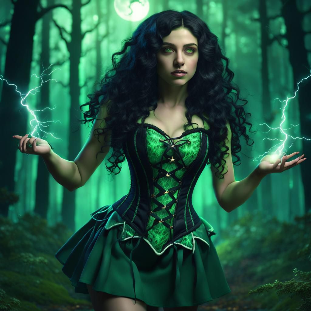 Sorceress Witch Casting Spells at Midnight in Forest