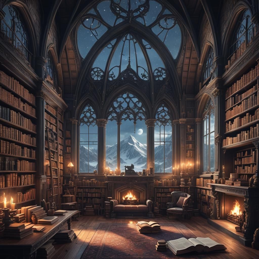 Gothic Library with Snowy Mountain View