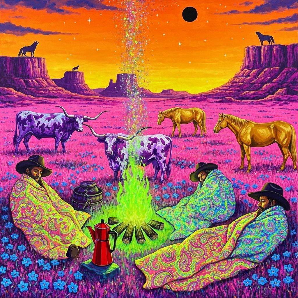 Psychedelic Western Scene with Cowboys and Neon Flames
