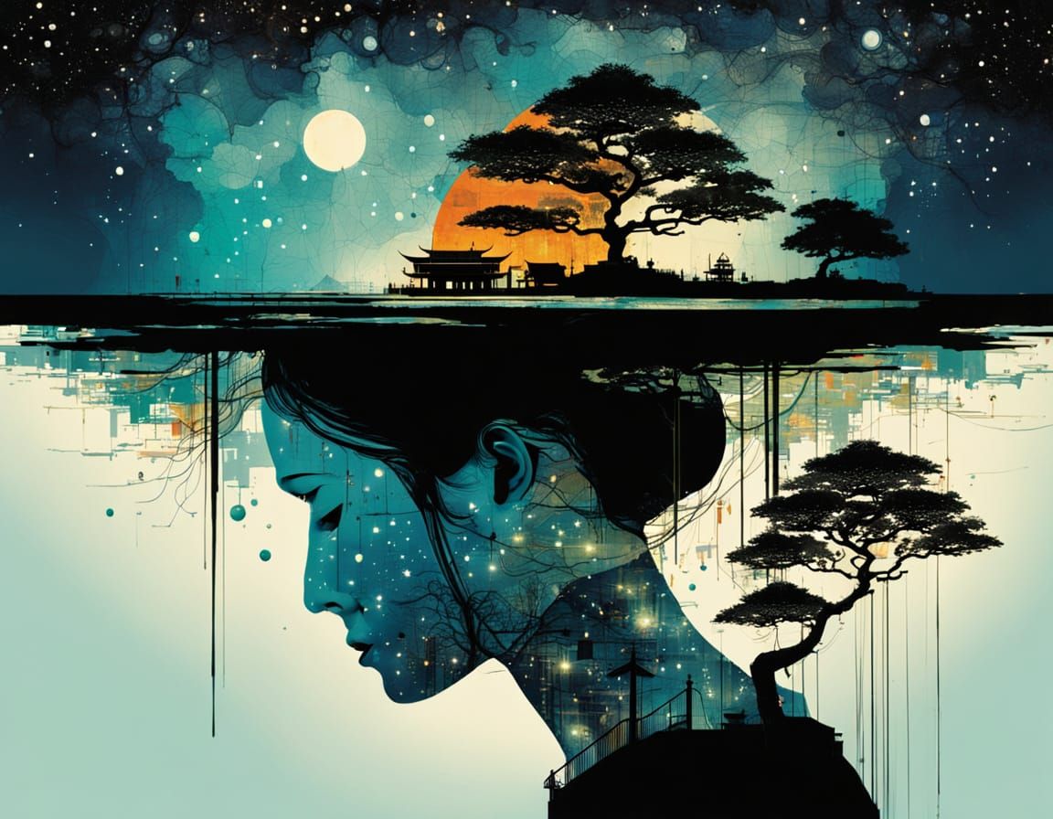 Galactic Bonsai Landscape in Double Exposure Style