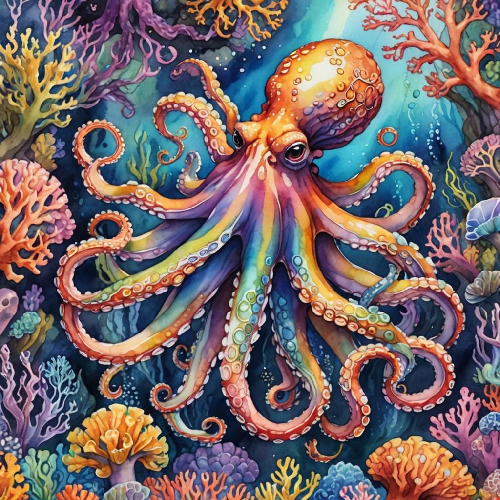 Rainbow Octopus Emerges in Vibrant Watercolor Painting
