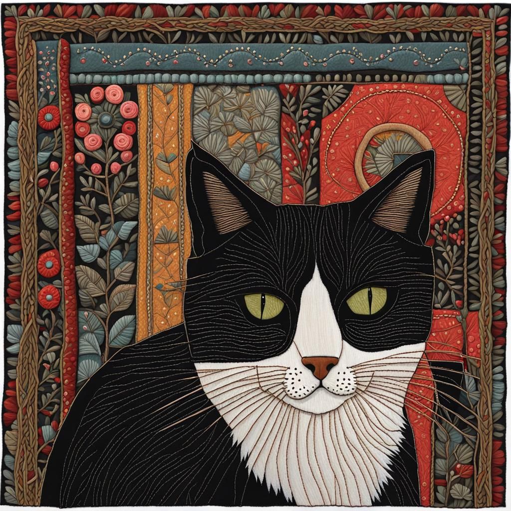 Whimsical Embroidered Cat in Pastel Colors