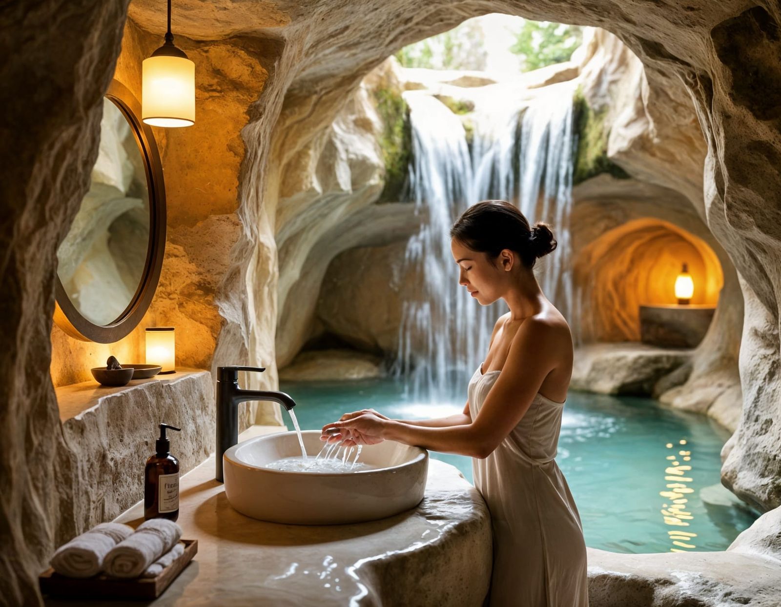 Wabi-Sabi Cave Bathroom with Waterfall Sink