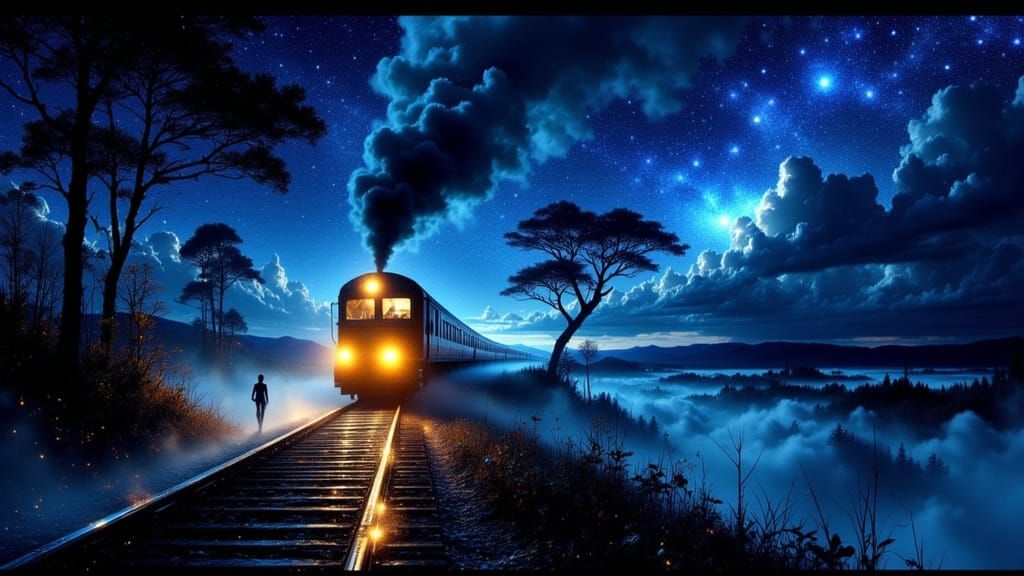 Night Train Under Starry Sky in Fantasy Concept Art Style