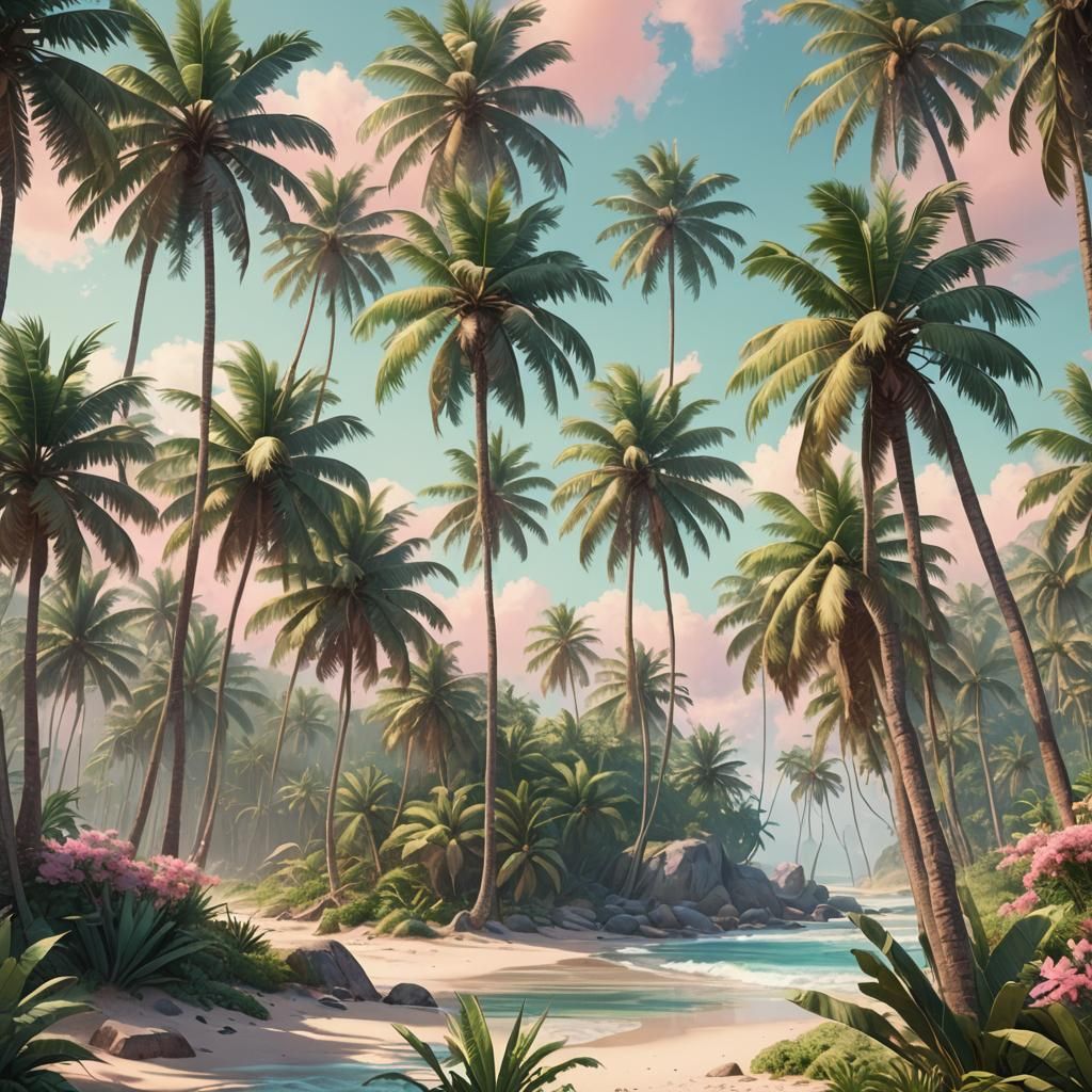 Dreamy Tropical Beach Scene in Pastel Style