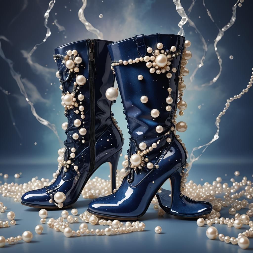 Pearl-Adorned Dark Blue High Heel Boots