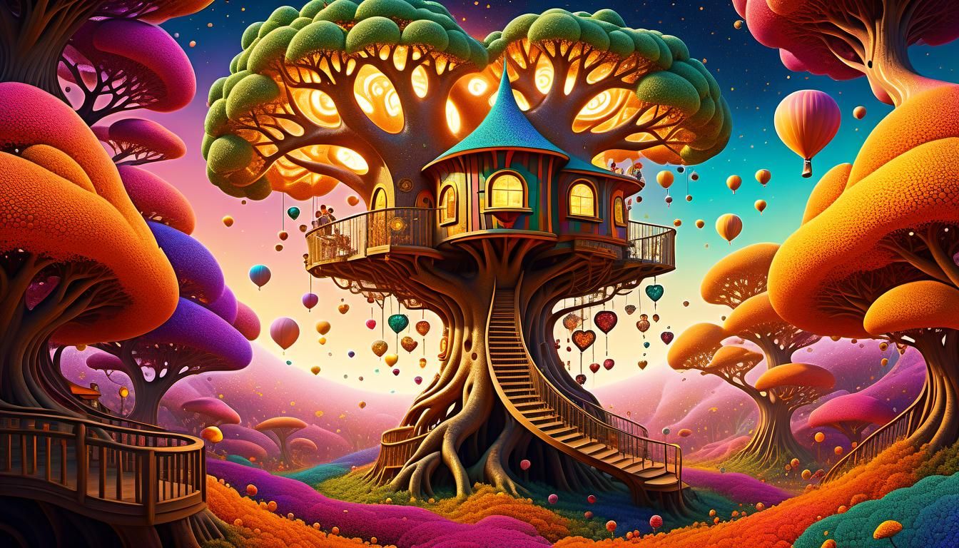 Vibrant Treehouse Oasis in Whimsical Fractal Wonderland