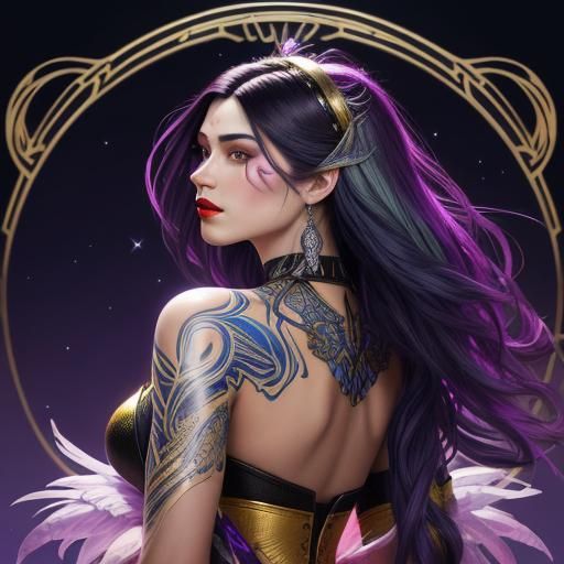 Art Nouveau Woman with Feather Hair and Silver Eyes