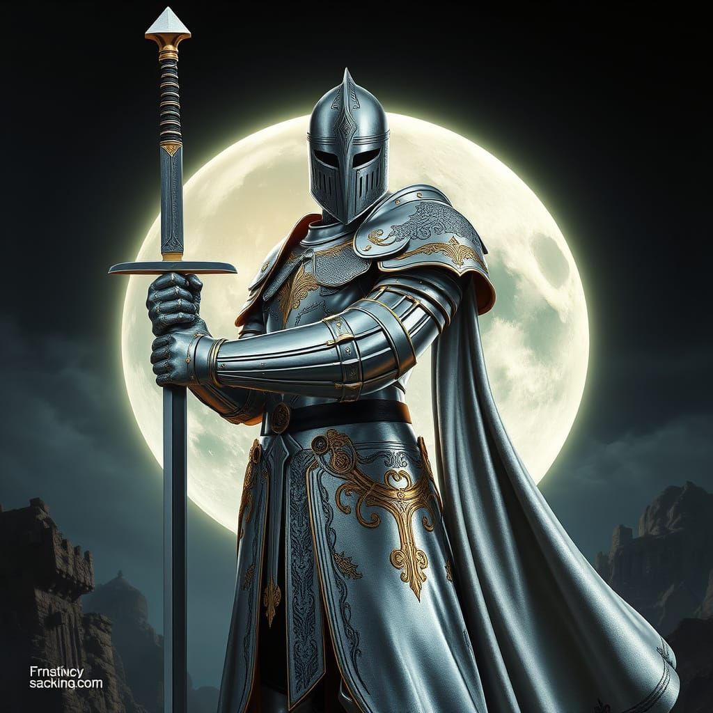 Ethereal Knight in Silver Armor Stands Before a Glowing Moon...