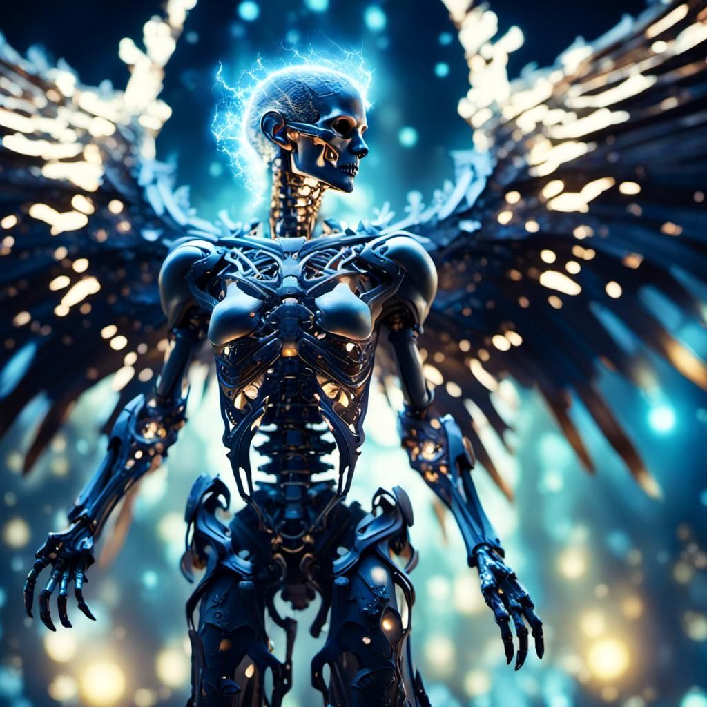 Titanium Skeletal Angel with Galaxy Background