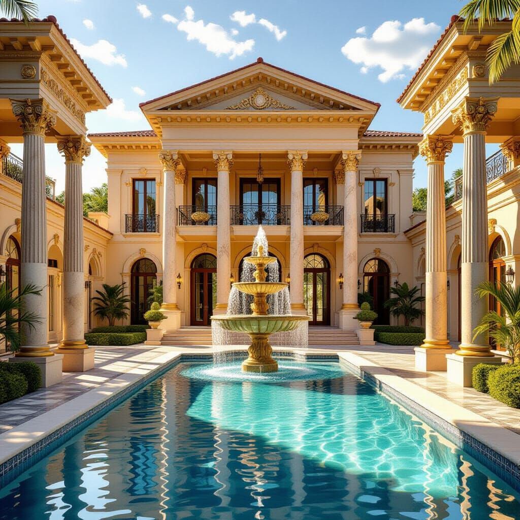Golden Villa with Classical Columns and Fountain