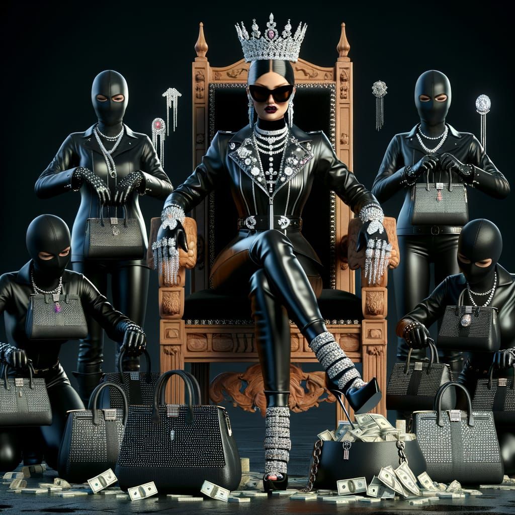 Robber Queen on Throne in Leather and Diamonds