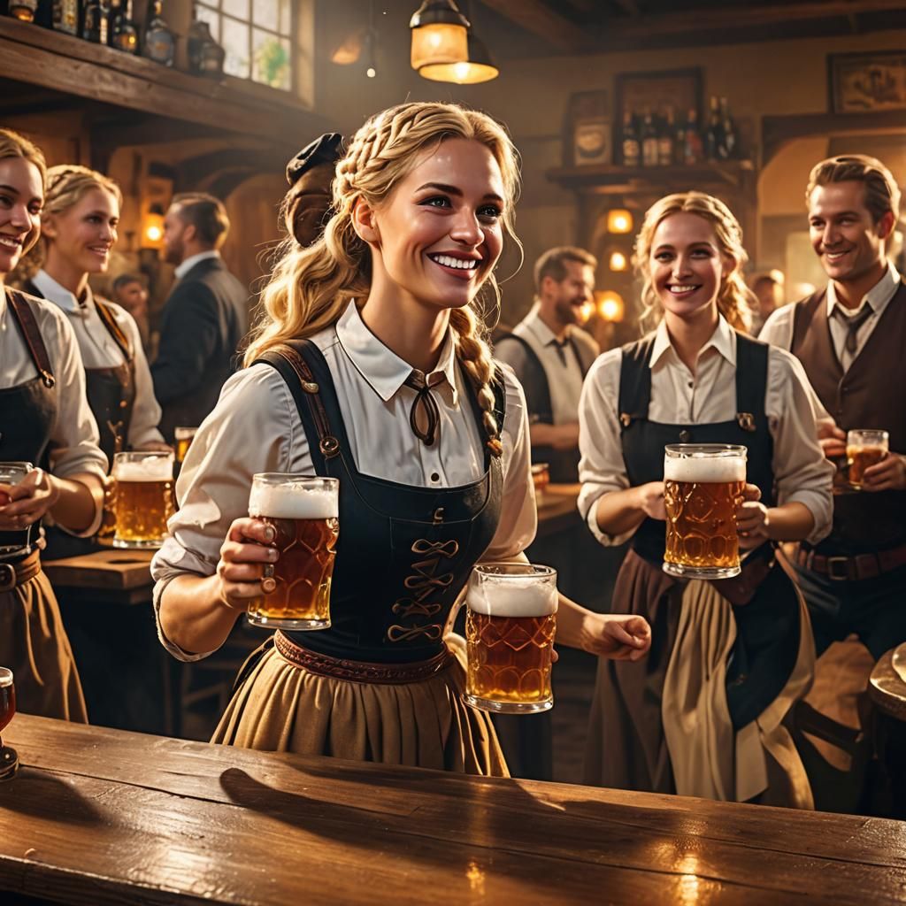 German Waitress with Beer in Golden Light