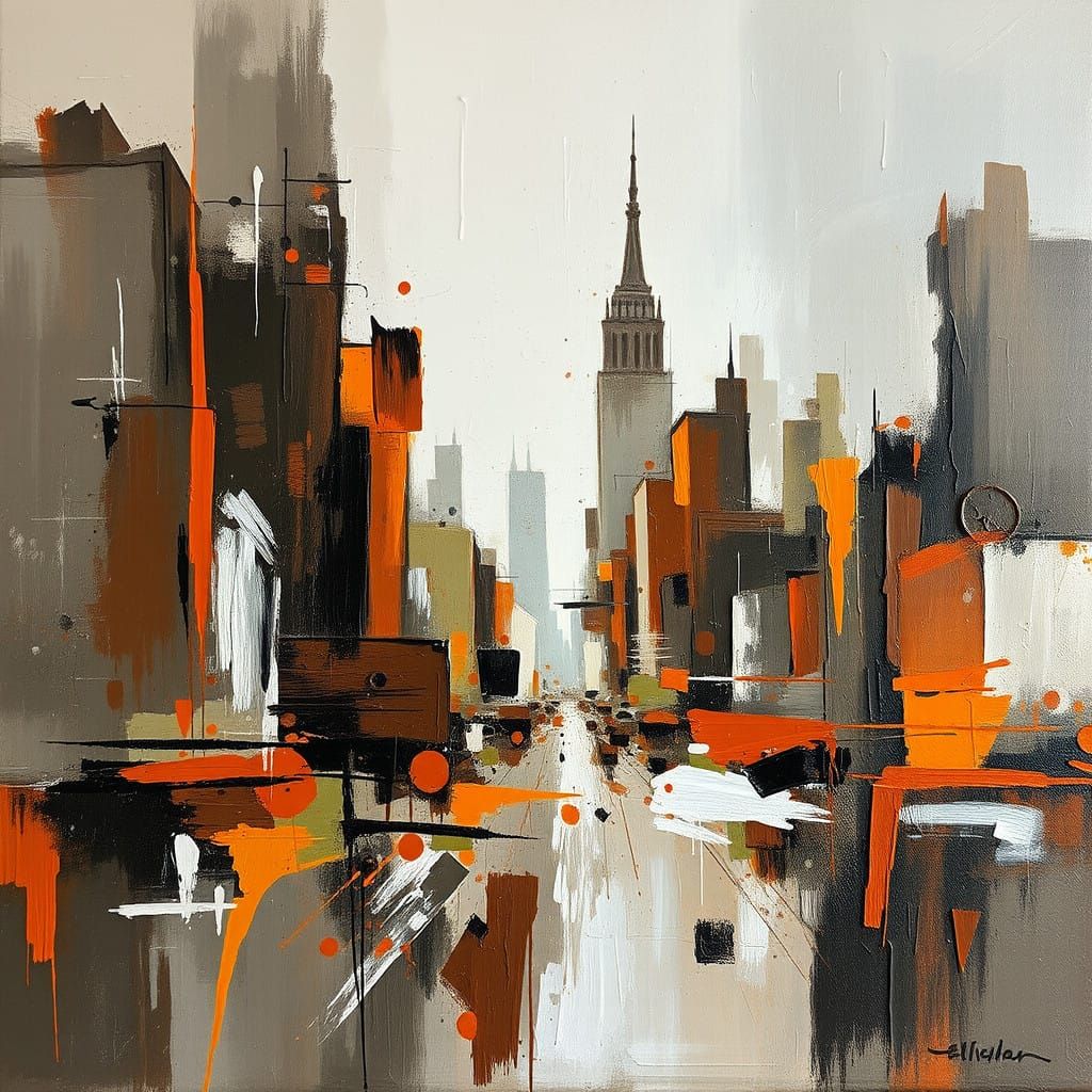An abstract masterpiece of a cityscape titled 'City Rush,' created with bold brushstrokes in earthy tones