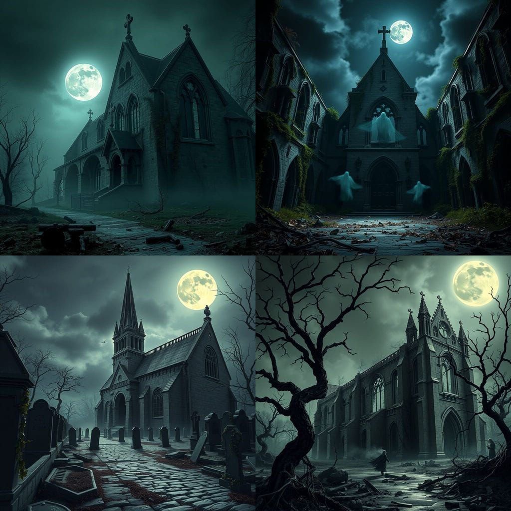 Gothic Ruins Under Moonlit Skies in a Dark, Post-Apocalyptic...