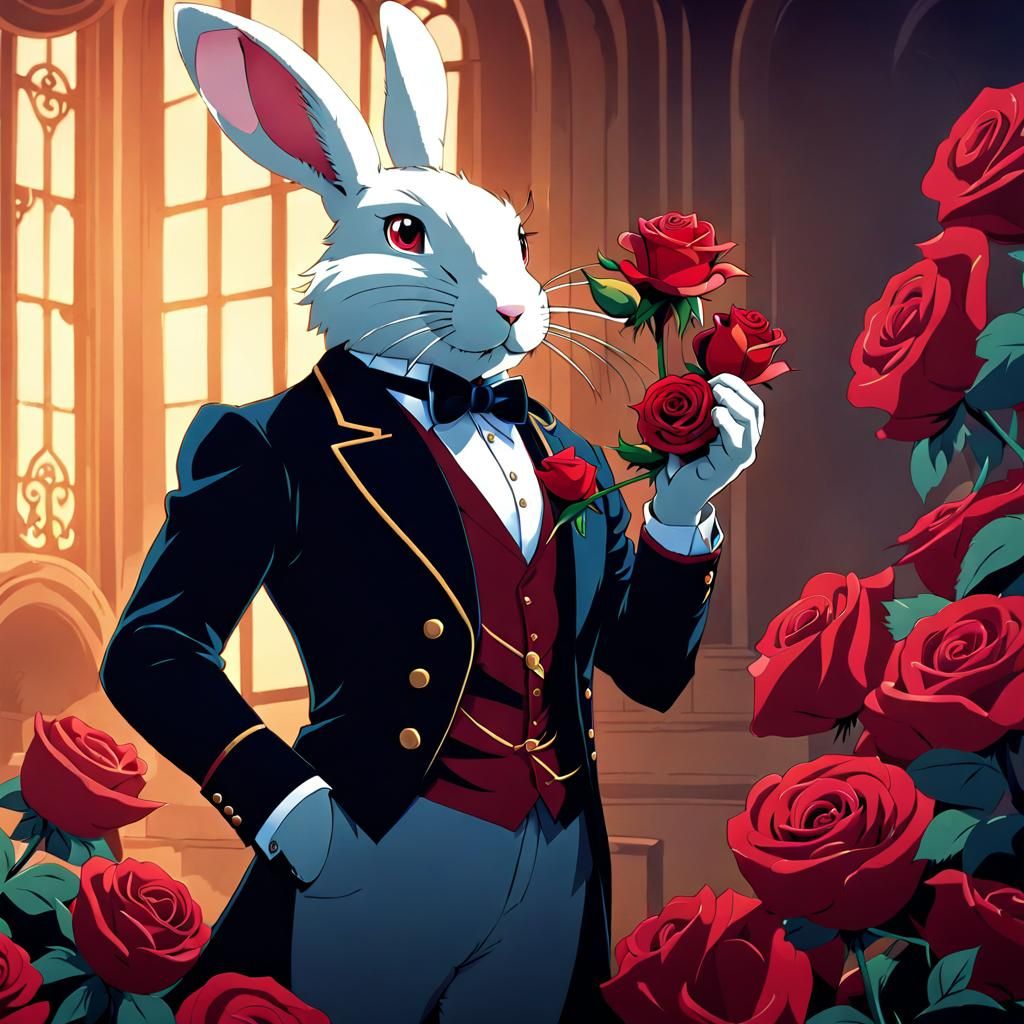 Gentleman Rabbit Inspects Rose in Anime Style