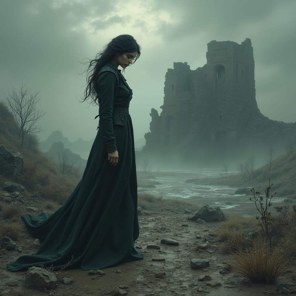 Mourning Woman in a Storm-Battered Landscape