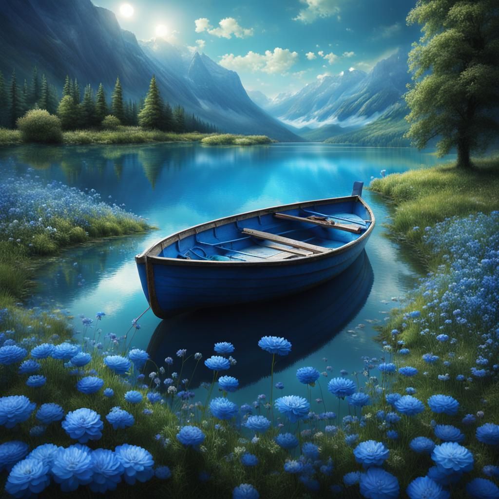 Blue Lake Scene with Rowboat in Digital Painting Style