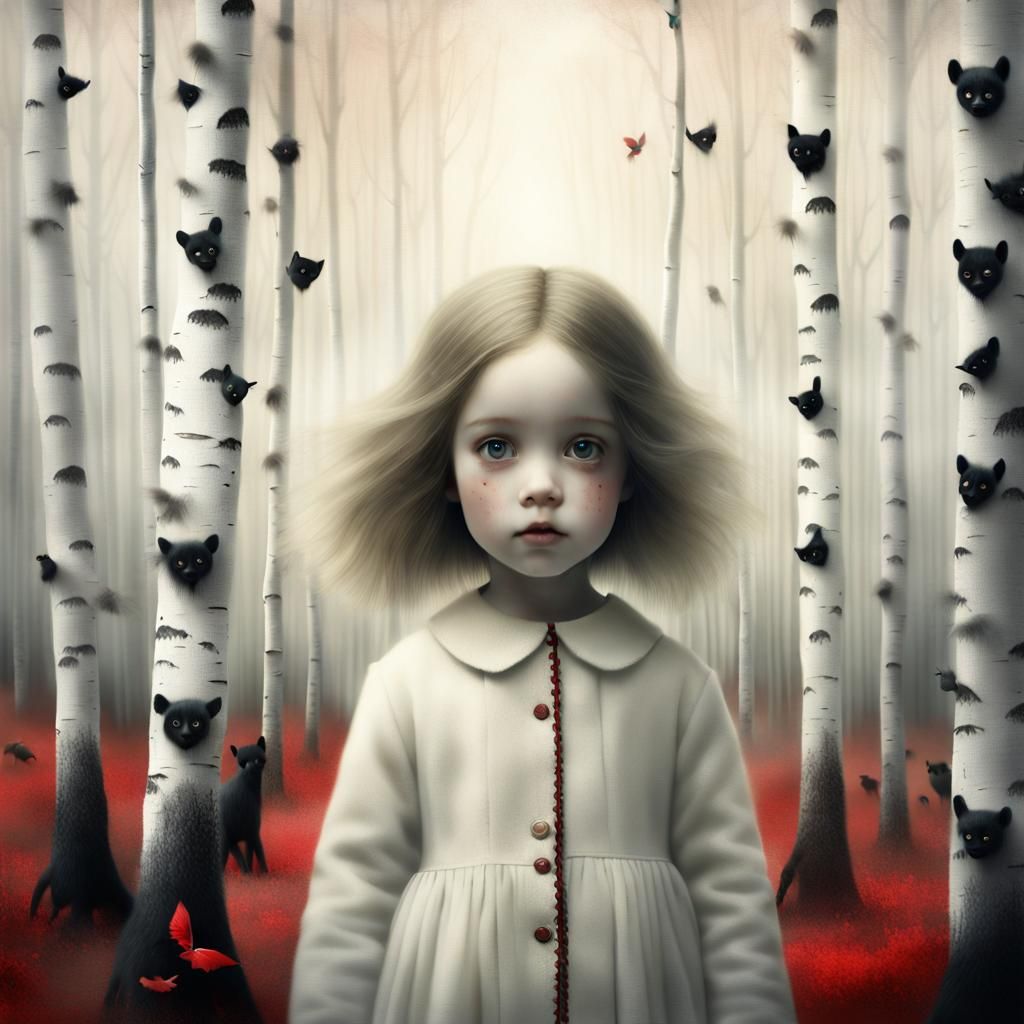 Girl Follows Beasts Through Birch Forest