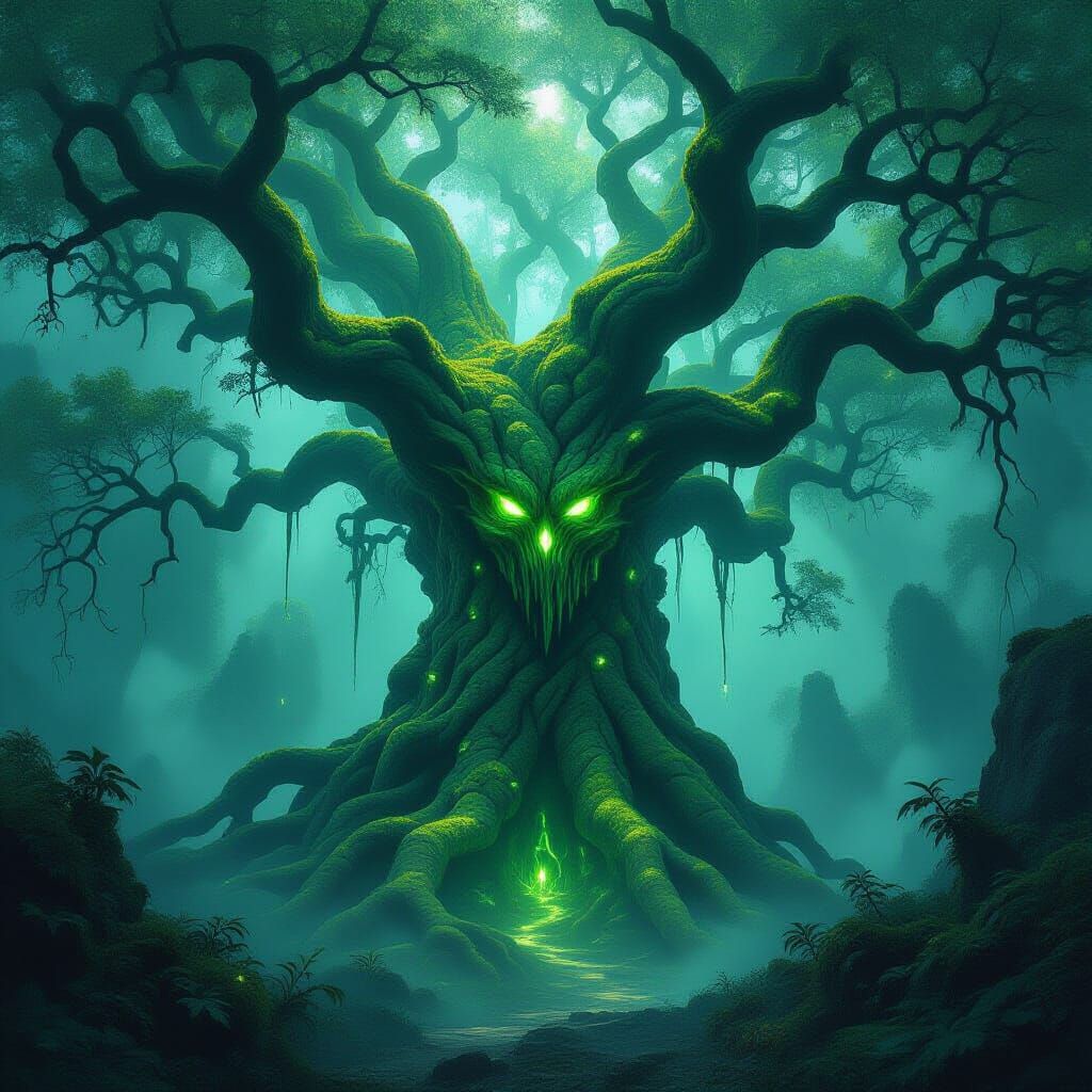 Ancient Tree Spirit in Misty Primordial Forest
