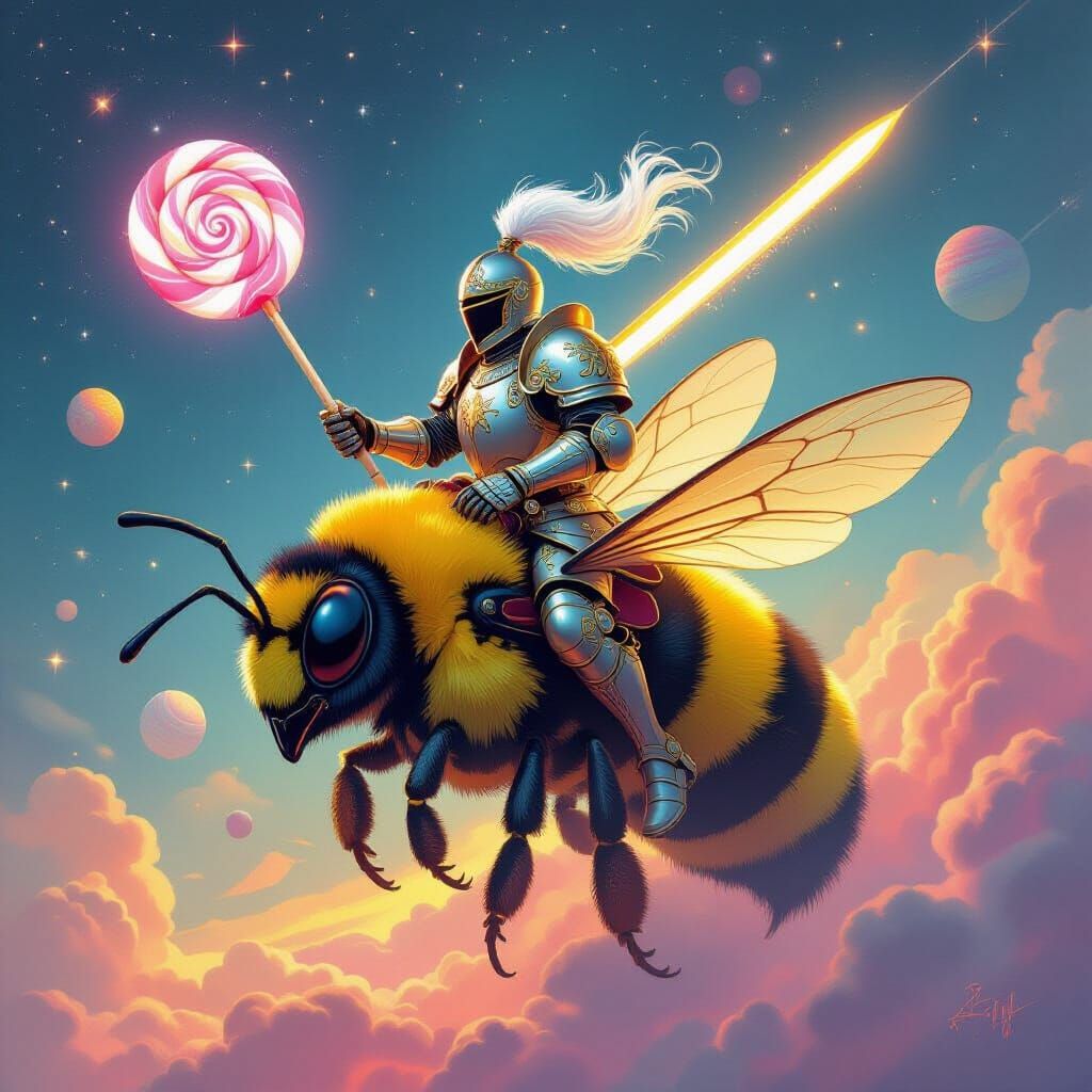 Knight on Bumblebee in Nebula, Art Nouveau Style