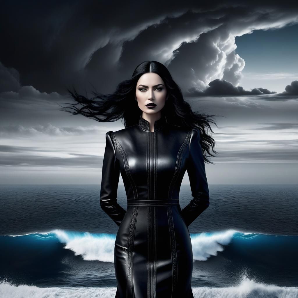 Surreal Woman in Leather Dress Seascape Portrait