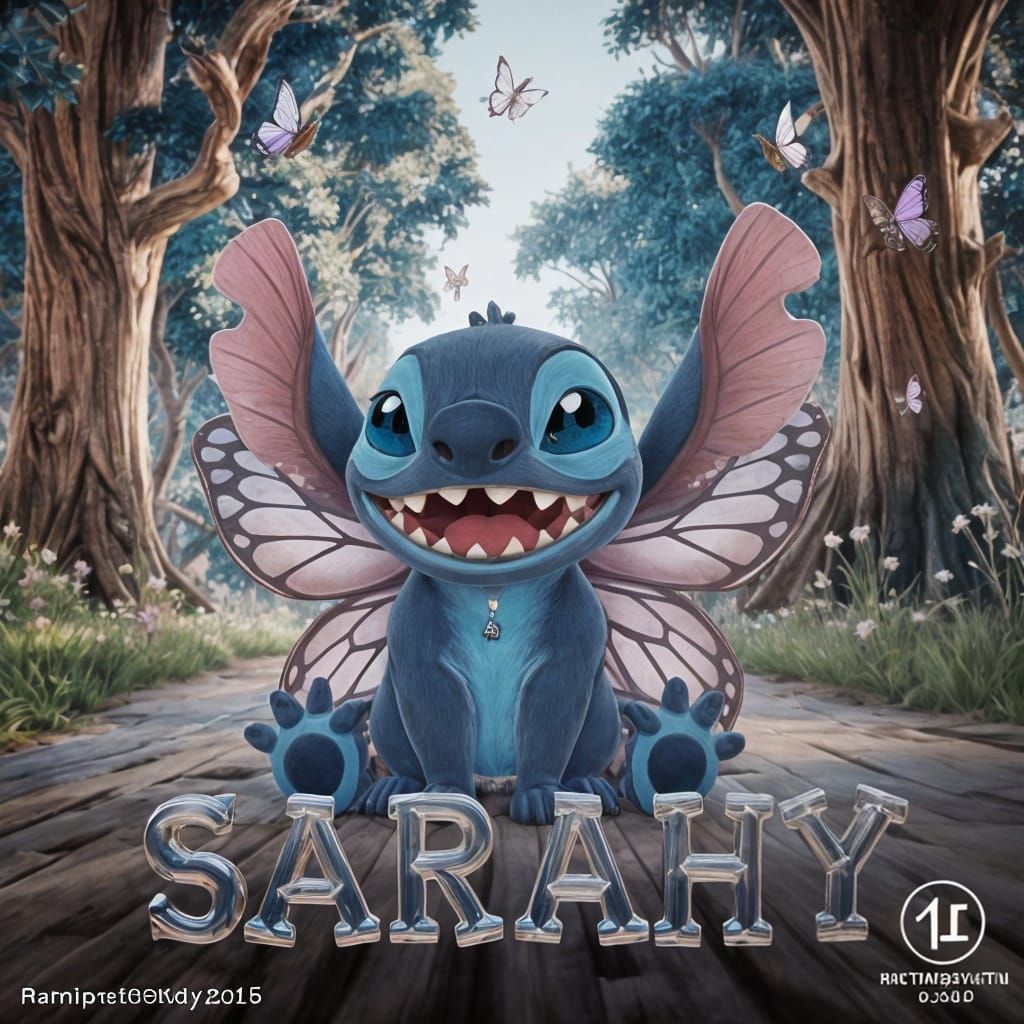 Stitch Caricature with Butterfly Wings and Rainbow Name