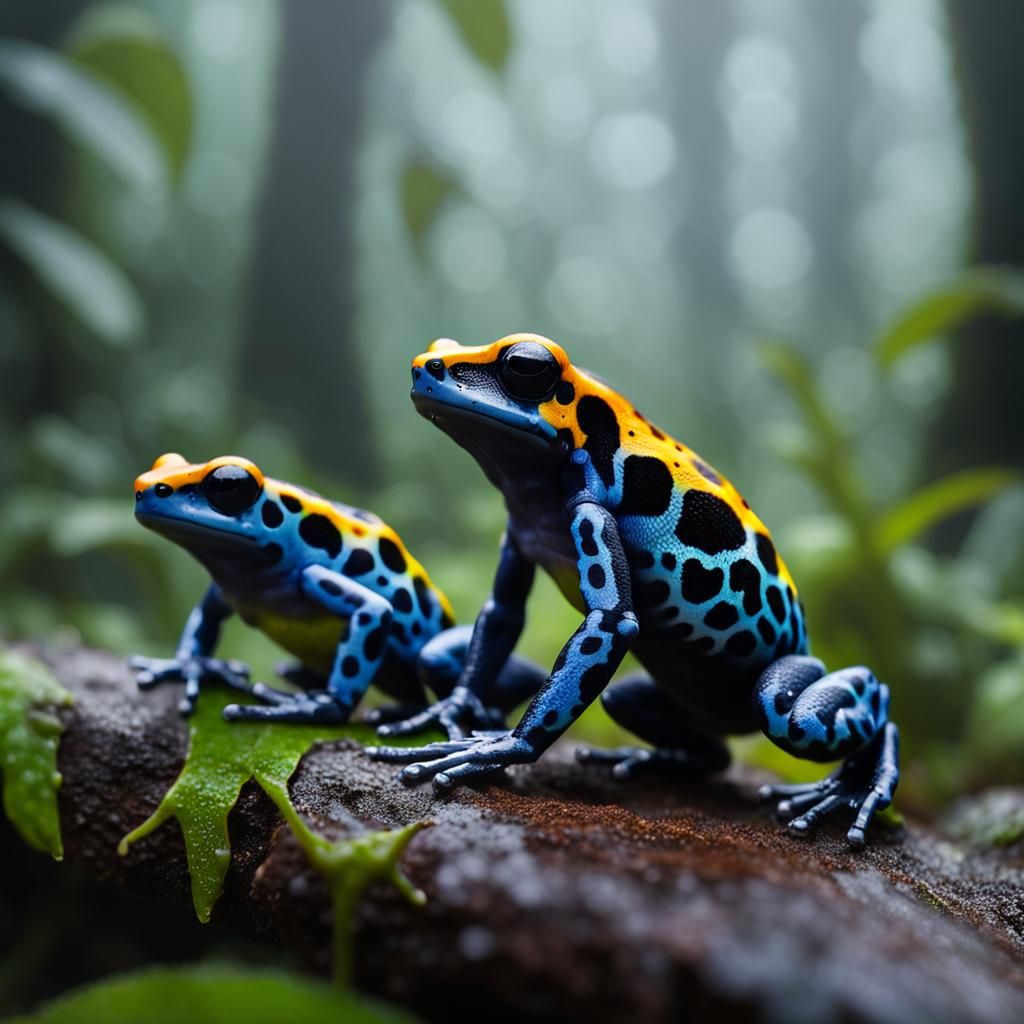 Poison Dart Frogs in Misty Rainforest: Hyperrealistic Macro