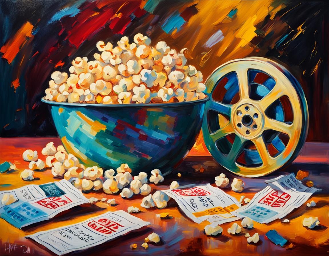 Golden Still Life Oil Painting of Movie Night