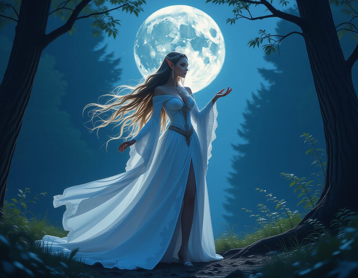 Elf Sorceress Calls Ancient Goddesses in Moonlit Forest
