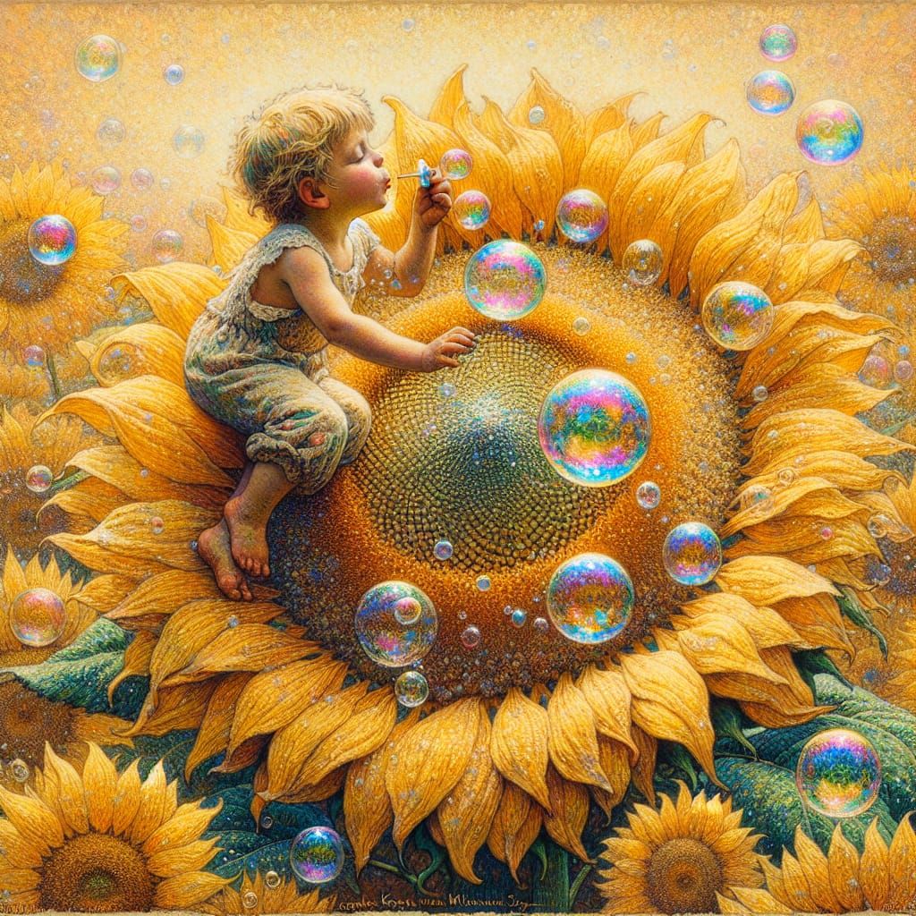 Child Blowing Bubbles on Sunflower in Impressionist Style