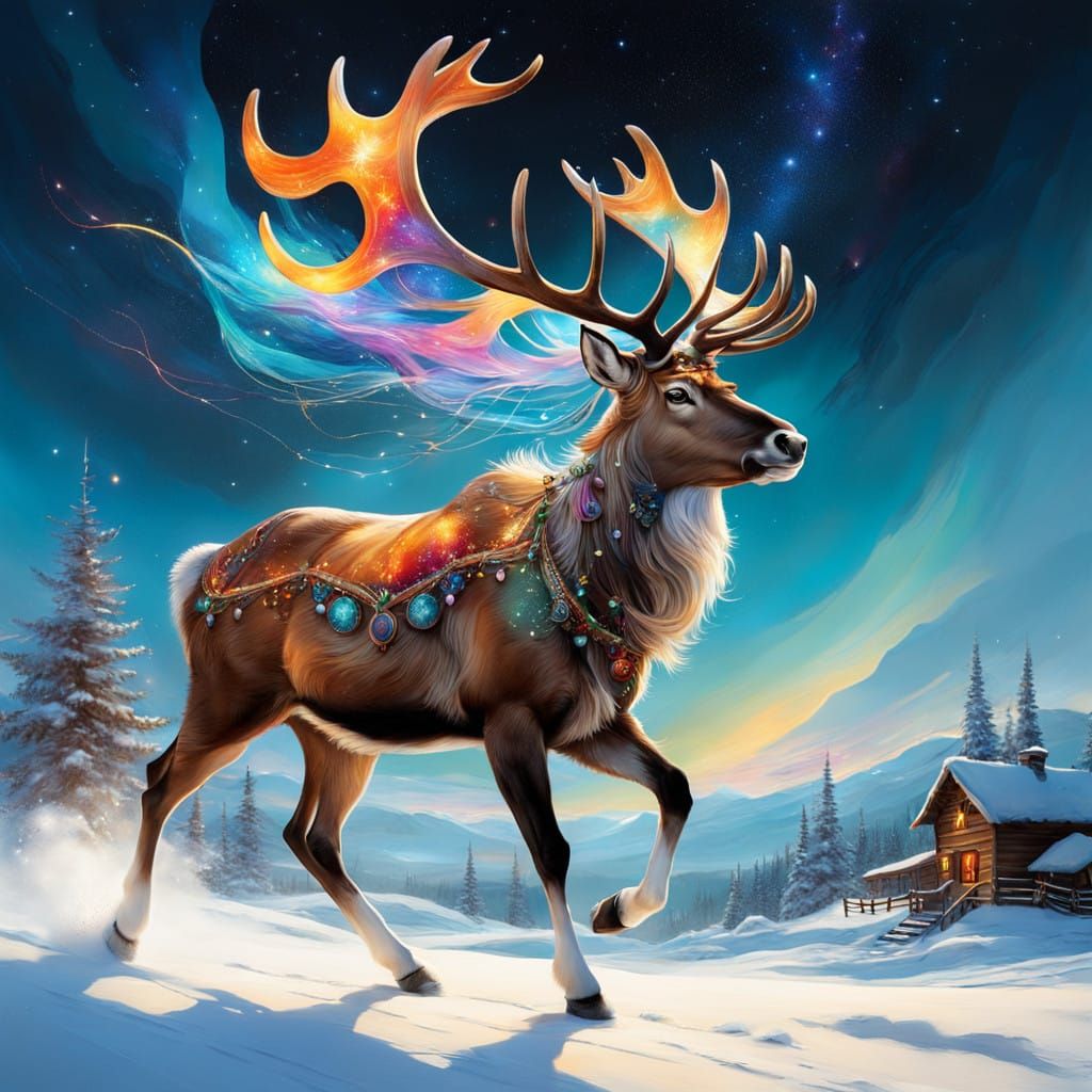 Realistic Reindeer in Snowy Landscape with Cosmic Horse