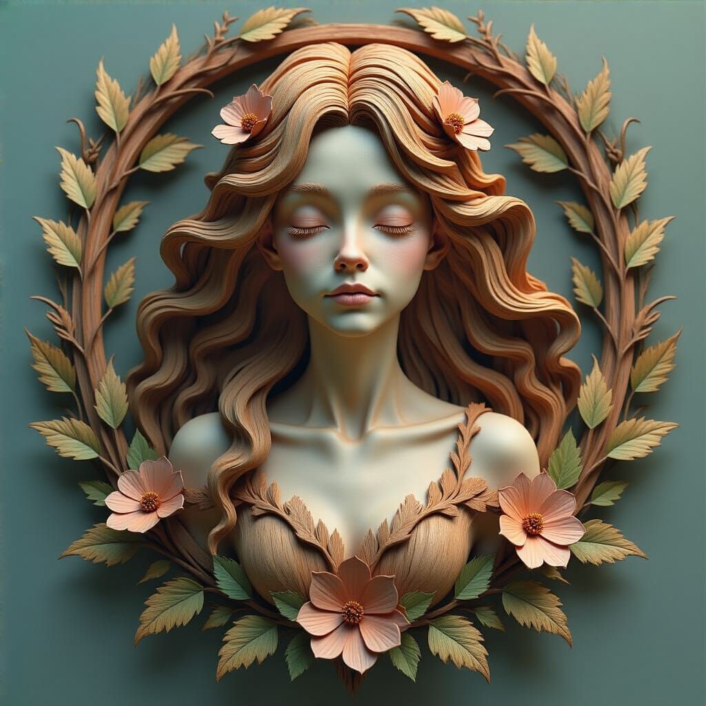 Intricate Woodwork Nymph Sculpture in Matte Painting Style