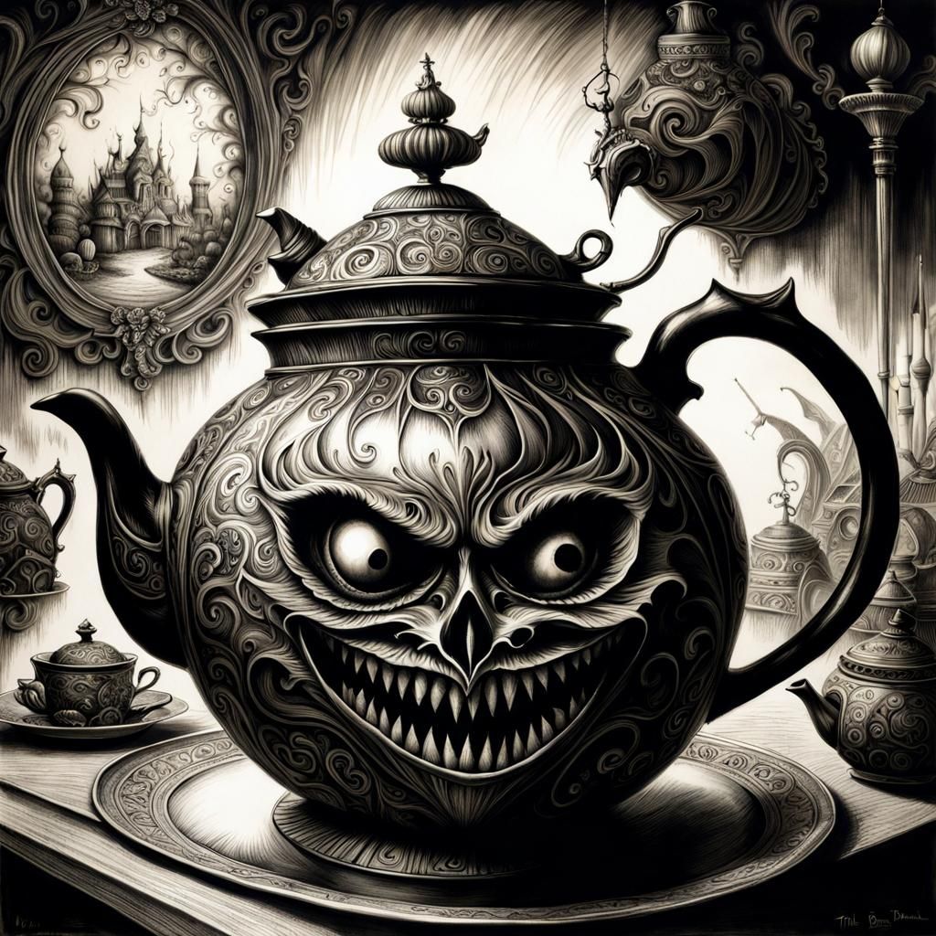 Evil Anthropomorphic Teapot in Dark Fantasy Kitchen