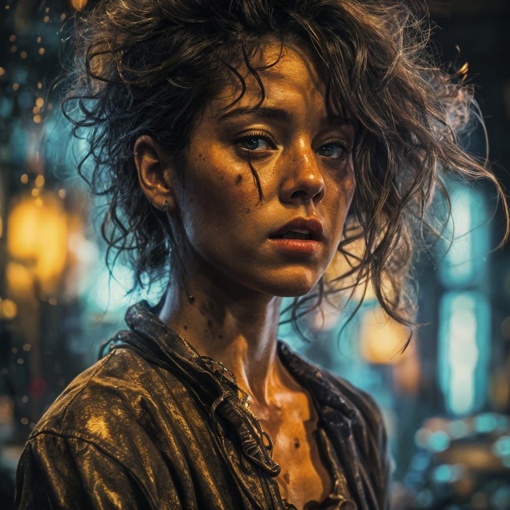 Surreal Nightport City Woman in Chiaroscuro Style