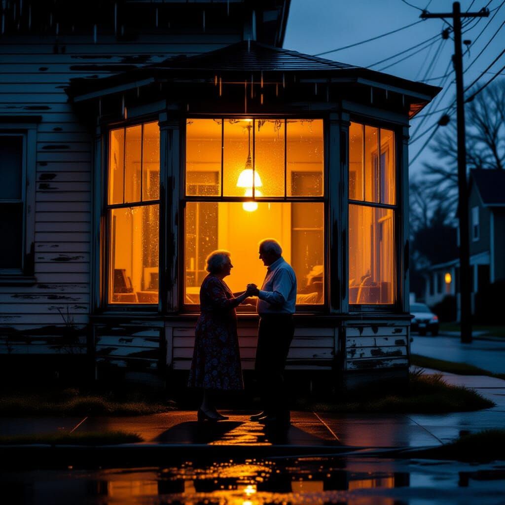 Elderly Couple Dancing in the Rain at Night