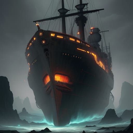 Battle-Scarred Starship in Ancient Temple Ruins