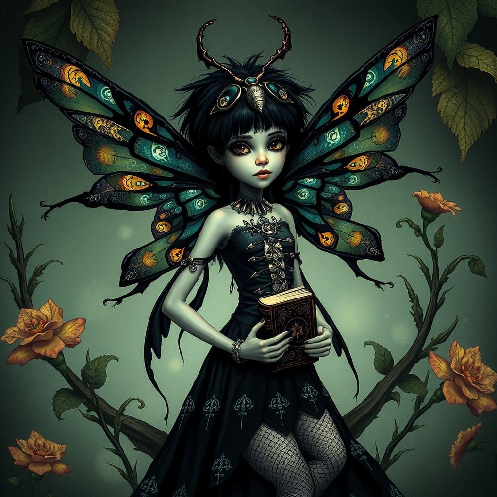 Whimsical Beetle Fairy in Dark, Mystical Pop Surrealist Drea...
