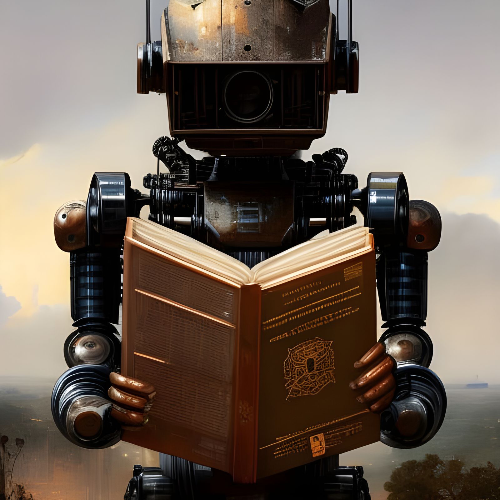 Rusty War Robot Reads Book: Hyperrealistic Portrait