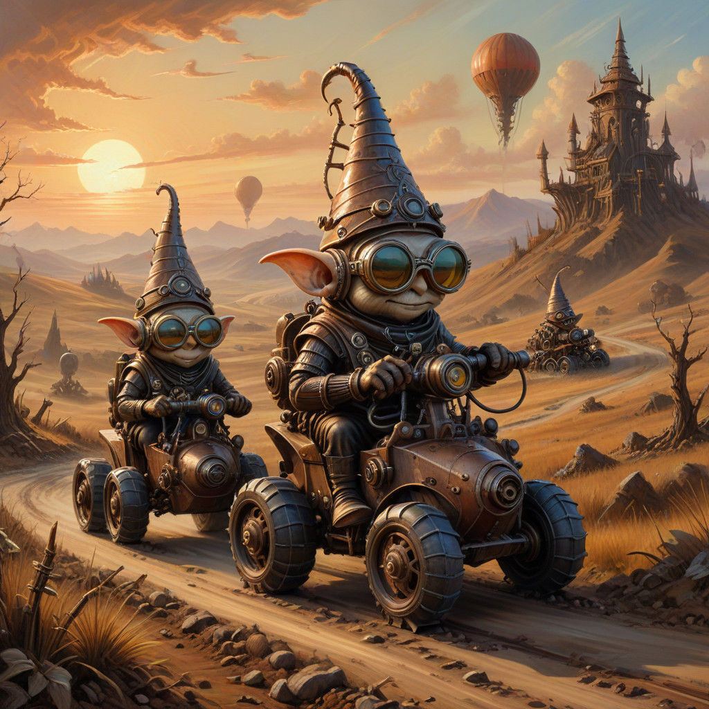 Gigeresque Gnomes in Rustic Steampunk Landscape