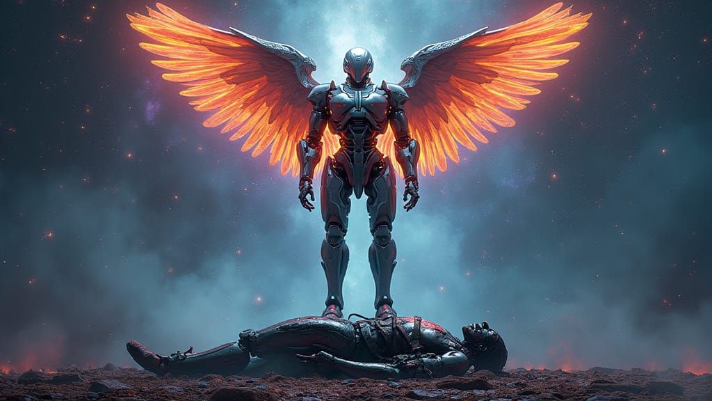 Victorious Archangel Mikael Triumphs Over Defeated Robot Sat...