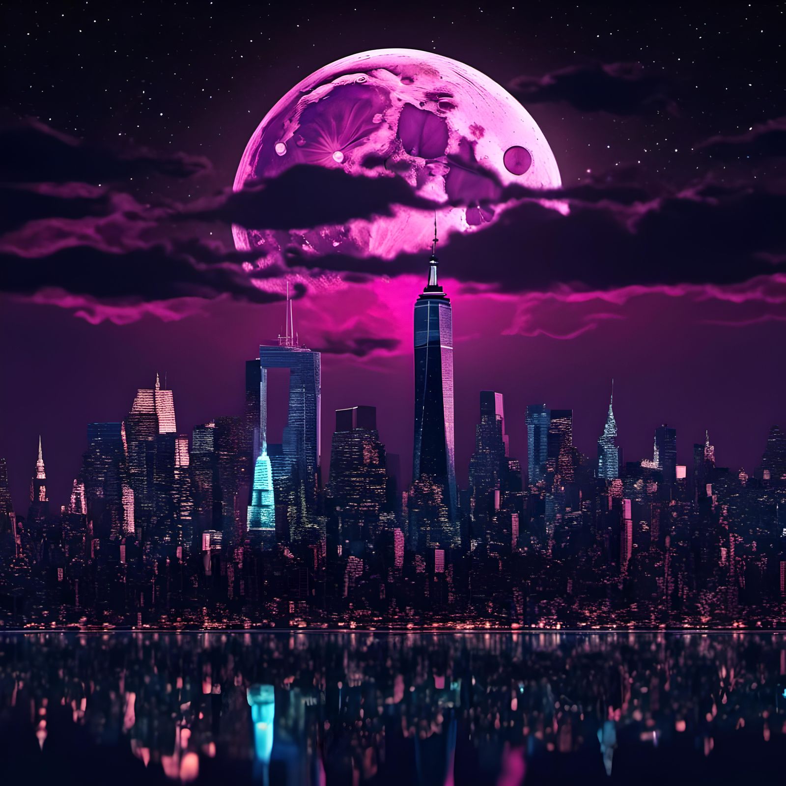 NYC Skyline Silhouette Under Neon Moon