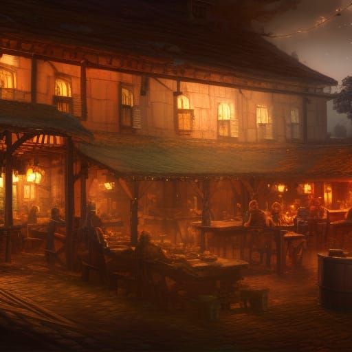 Nighttime Tavern in Village: Fantasy Concept Art