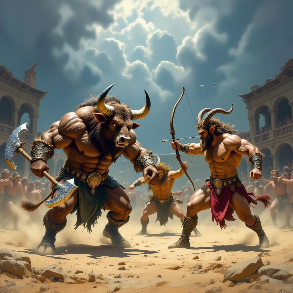 Mythological Creatures Battle in Dusty Arena